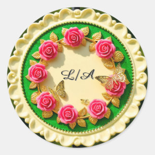 Adesivo Redondo Prato Verde Decorativo Com Rosa Rosa