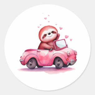 Adesivo Redondo Preguiça Fofa Dirigindo um Conversível Rosa