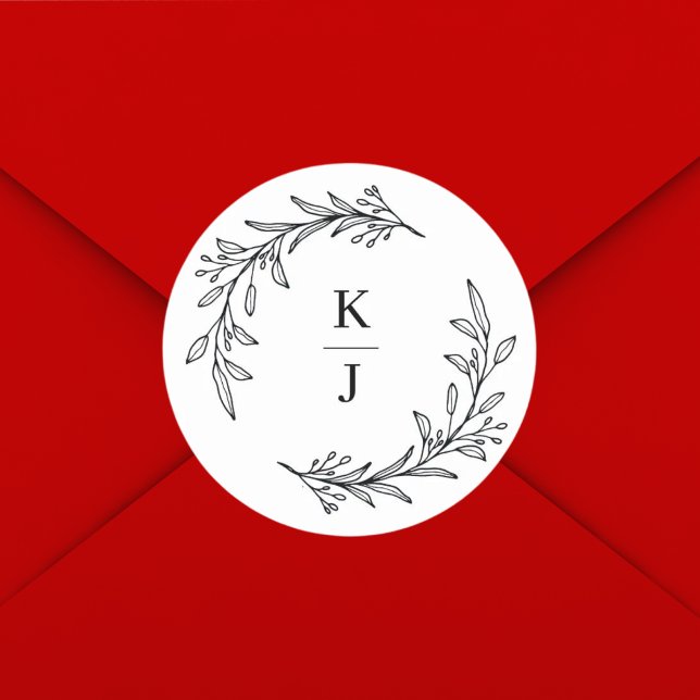 Adesivo Redondo Prêmio de Casamento de Folha Botânica Inicial Mono (Criador carregado)