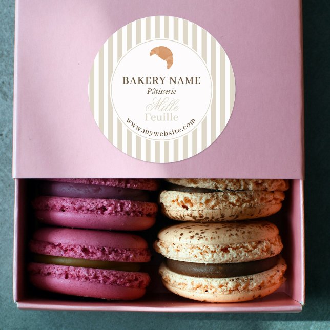 Adesivo Redondo Preppy Beige Brown Stripes Bakery Logo Product (Preppy Beige Brown Stripes Bakery Logo Product Classic Round Sticker)