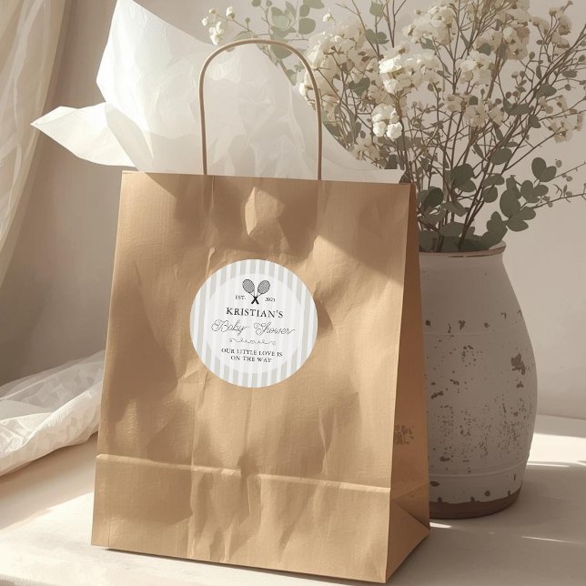 Adesivo Redondo Preppy Beige Tennis Theme Chic Baby Shower (preppy beige and white stripe tennis theme baby shower stickers )