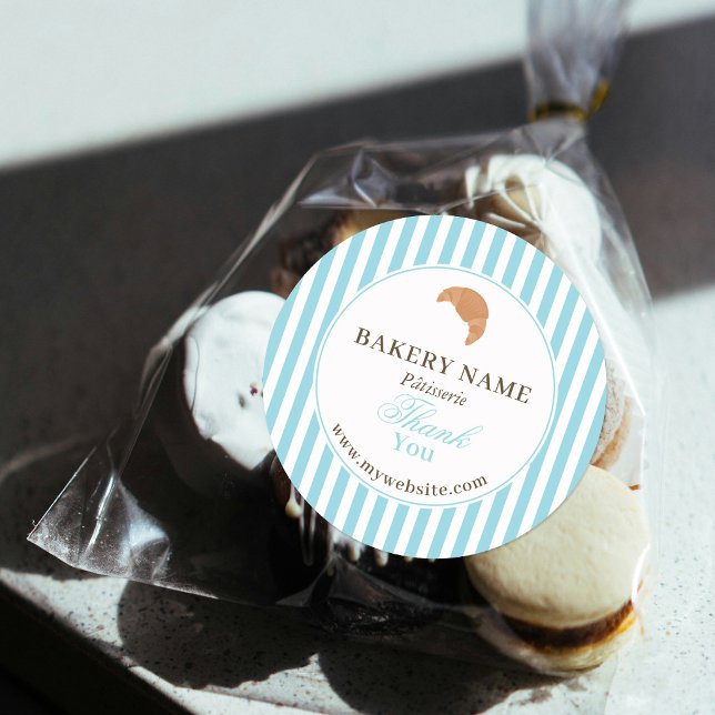 Adesivo Redondo Preppy Blue Brown Stripes Bakery Logo Thank You (Preppy Blue Brown Stripes Bakery Logo Thank You Classic Round Sticker)