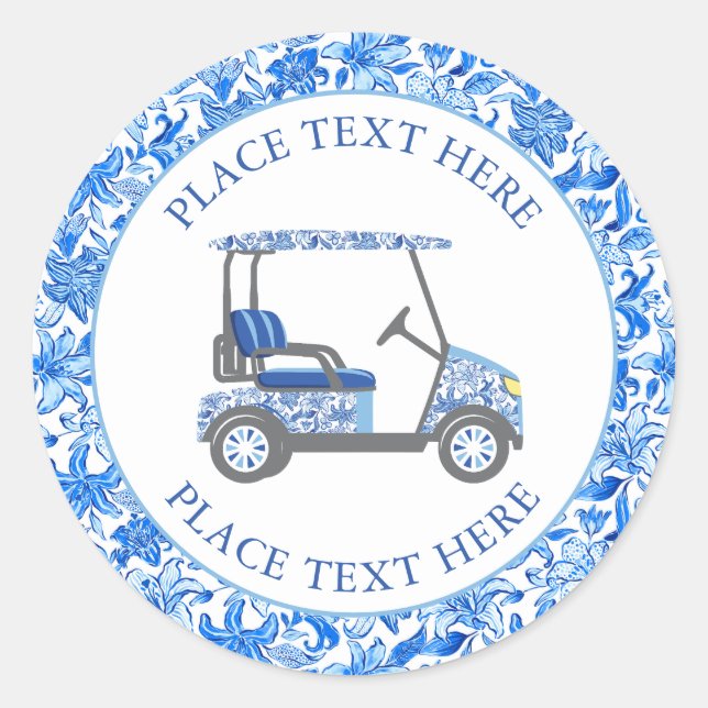 Adesivo Redondo Preppy Blue & White Flowers Golf Cart (Frente)