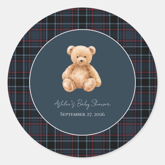 Adesivo Redondo Preppy Classic Teddy Bear Baby Shower  (Frente)