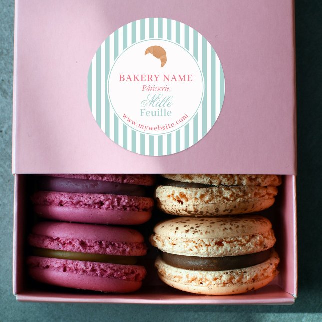 Adesivo Redondo Preppy Green & Pink Stripes Bakery Logo Product (Preppy Green & Pink Stripes Bakery Logo Product Classic Round Sticker)