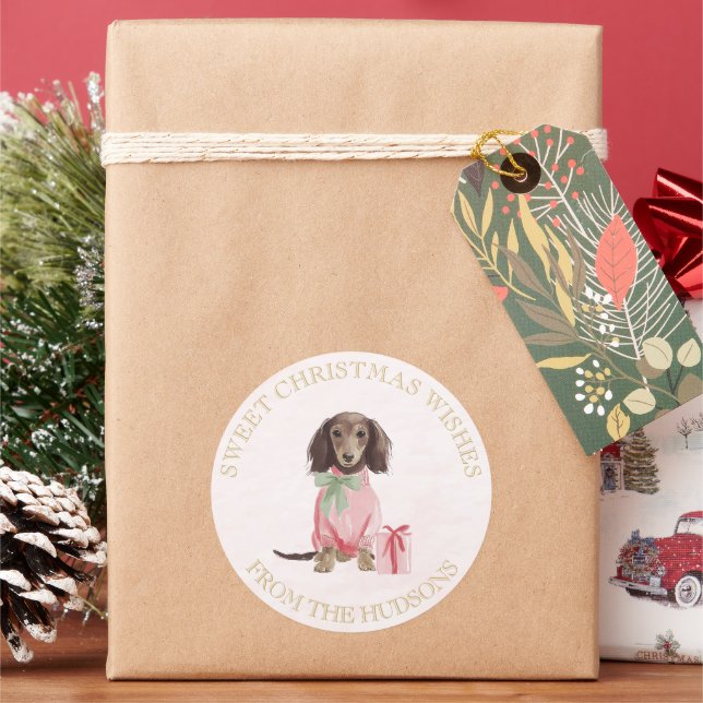 Adesivo Redondo Preppy Pink Christmas Dachshund Lrg Round Stickers (Feriado)