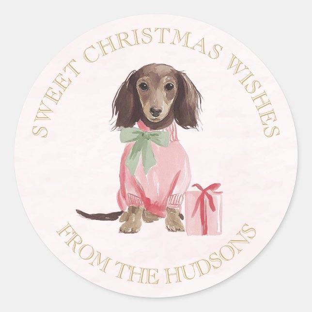 Adesivo Redondo Preppy Pink Christmas Dachshund Sml Round Stickers (Frente)