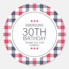 Adesivo Redondo Preppy Red White e Xadrez Azul Obrigado Aniversári