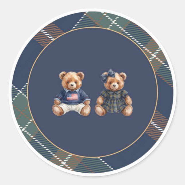 Adesivo Redondo Preppy Teddy Bear Sticker Navy Plaid  (Frente)