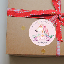 Adesivo Redondo Presente de Aniversário da Unicorna de Flor Rosa