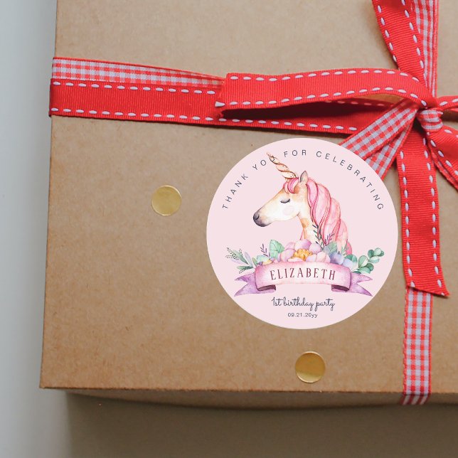 Adesivo Redondo Presente de Aniversário da Unicorna de Flor Rosa (Pink Flower Unicorn Girl Birthday Gift Classic Round Sticker)