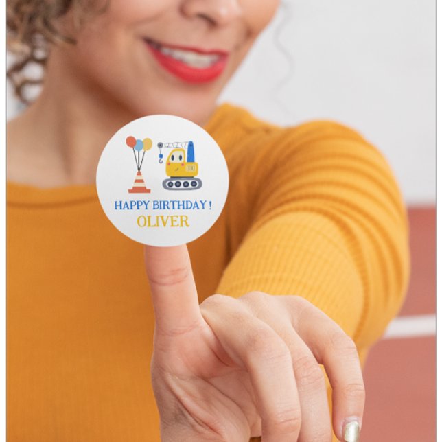 Adesivo Redondo Presente de Aniversário do Tema de Construção (Criador carregado)