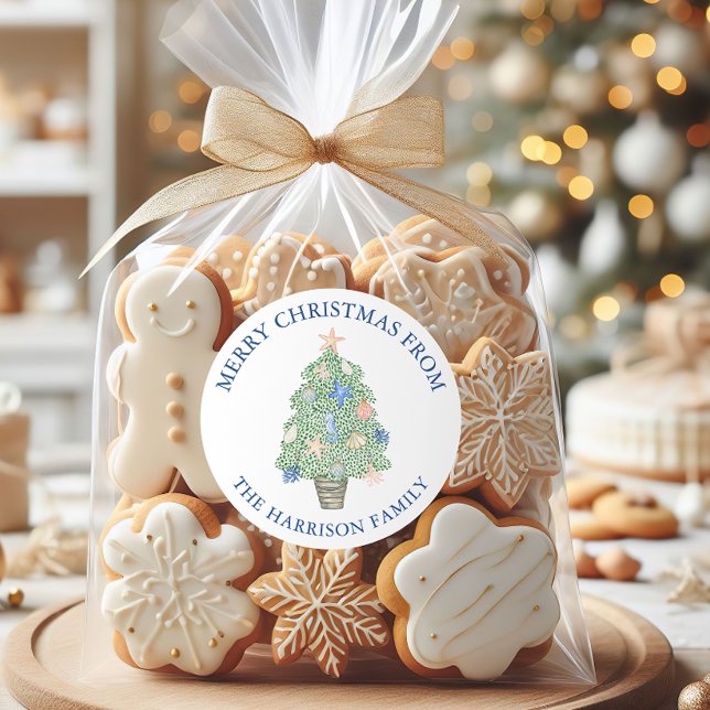 Adesivo Redondo Presente de Árvore de Natal Costeira de Aquarela (Criador carregado)