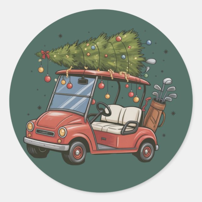 Adesivo Redondo Presente de árvore de Natal de carrinho de golfe p (Frente)