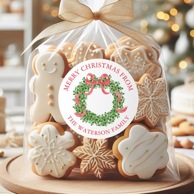 Adesivo Redondo Presente de Boxwood Wreath de Natal Arco Vermelho (Criador carregado)