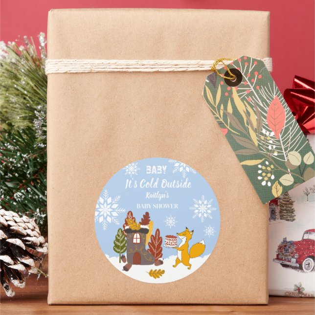 Adesivo Redondo Presente de Chá de fraldas Fox Winter Snowflakes (Feriado)
