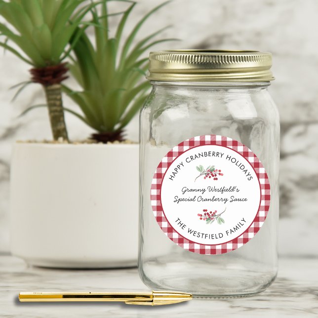 Adesivo Redondo Presente de Comida de verificação de férias felize (Happy Cranberry Holidays Burgundy Buffalo Plaid Check Food Gift Label Classic Round Sticker)