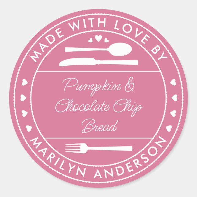 Adesivo Redondo Presente de Comida Rosa Feito com Amor (Frente)