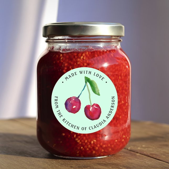 Adesivo Redondo Presente de Cozinha de Natal com Encapsulamento de (This cute cherry label on a lime creme background features my own original watercolor artwork.)