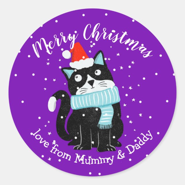 Adesivo Redondo presente de feliz do gato de Natal (Frente)