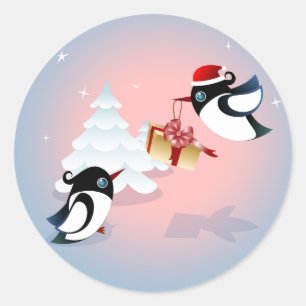 Adesivo Redondo Presente de Natal bonito dos pássaros