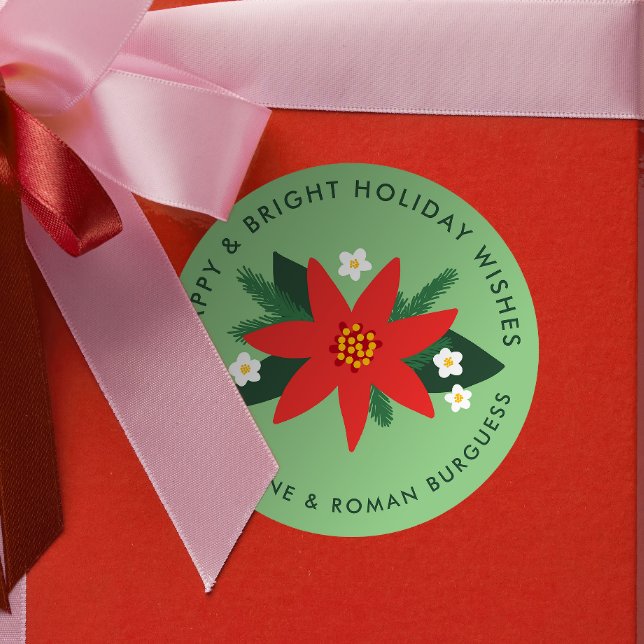 Adesivo Redondo Presente de Natal Clássico de Poinsettia Verde (mint green modern poinsettia custom text  Christmas gift sticker)