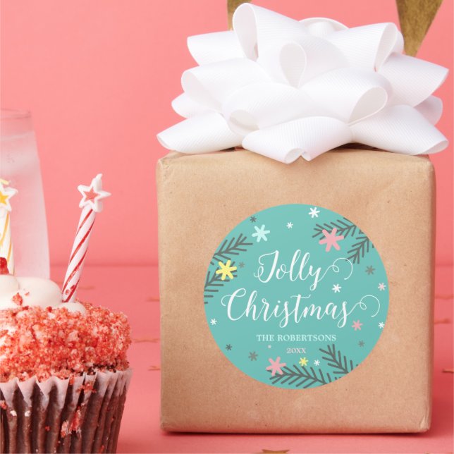 Adesivo Redondo Presente de Natal Colorida Jolly (Festa)