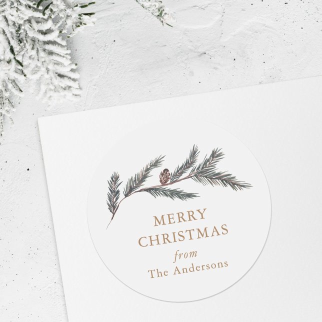 Adesivo Redondo Presente de Natal de Galho de Pinheiro em Aquarela (Criador carregado)
