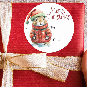 Adesivo Redondo Presente de Natal de Hamster com Chapéu de Papai N