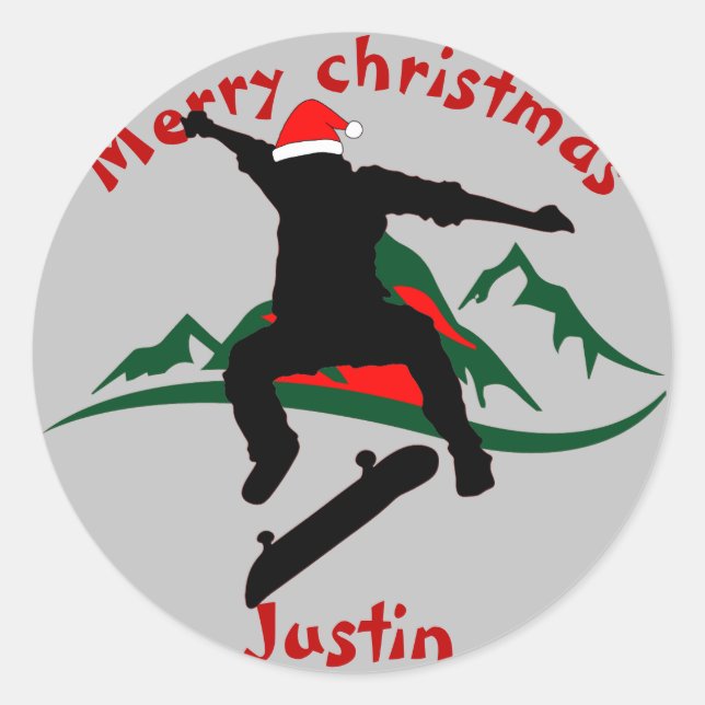 Adesivo Redondo presente de natal de skate, nome personalizado (Frente)