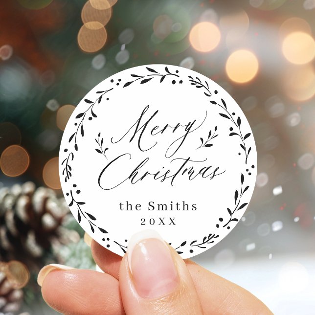 Adesivo Redondo Presente de Natal Moderno com Letra de Festa (Modern script Merry Christmas Holiday Gift Classic Round Sticker)