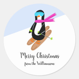 Adesivo Redondo Presente de Natal no Natal do Pinguim de Esqui