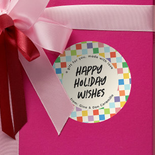 Adesivo Redondo Presente de quadro de verificação colorido brilhan