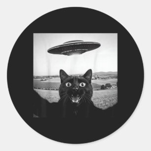 Adesivo Redondo Presente Divertido de Gato Preto Selfie Ufo Alien 