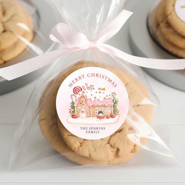 Adesivo Redondo Presente na Casa de Pão de Natal (Merry Christmas Gingerbread Personalized Round Stickers)