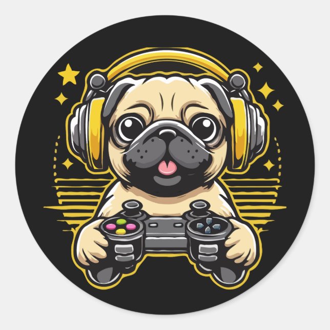 Adesivo Redondo Presente no jogo Gamer Pug Gaming Pugs (Frente)