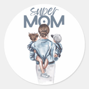 Adesivo Redondo Presente Personalizado Super Mãe com Filho e Filha