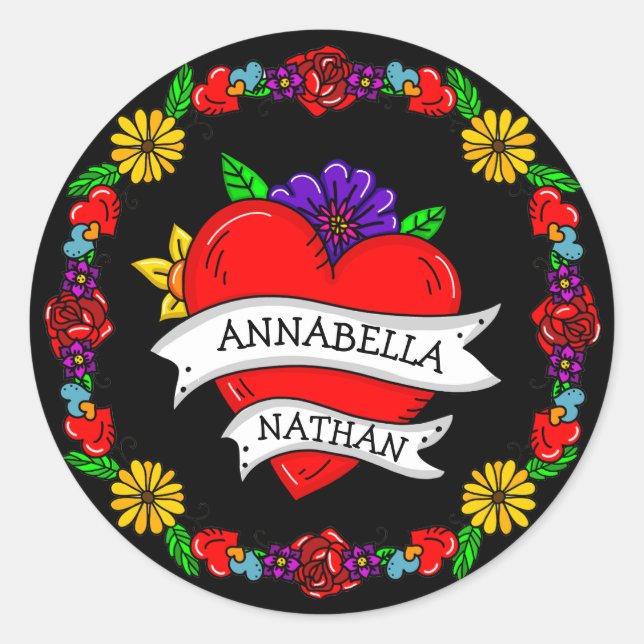 Adesivo Redondo Presente Romântico de Casal | Tatuagem Estilo Arte (Frente)