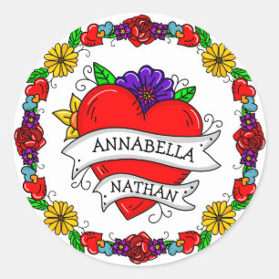 Adesivo Redondo Presente Romântico de Casal   Tatuagem Estilo Arte