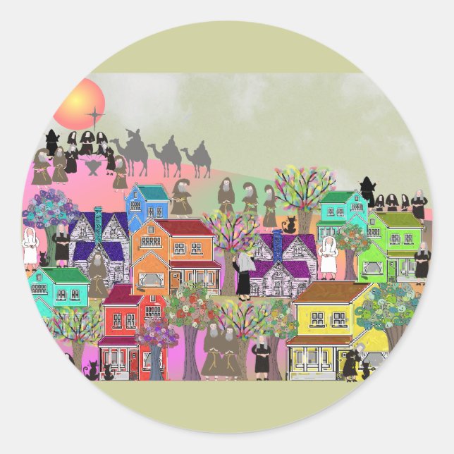 Adesivo Redondo Presentes católicos de arte monge e católica (Frente)