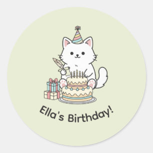 Adesivo Redondo Presentes de Bolo de Aniversário de Gato Amigável