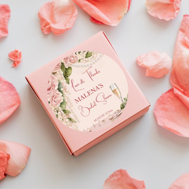 Adesivo Redondo Presentes de chá de noiva pérolas e prosecco elega (Pearls and prosecco bridal shower elegant thank you favor stickers blush pink coral roses and pearls)