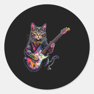 Adesivo Redondo Presentes de Gato Engraçado Tocando Guitarra Rock