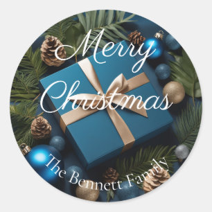Adesivo Redondo Presentes de Natal com Folhagem Luxuosa Azul Profu