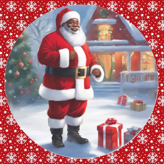 Adesivo Redondo Presentes de Natal da Santa Neve Afro-Americano (Criador carregado)