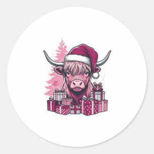 Adesivo Redondo Presentes de Natal da Vaca de Terras Altas Rosa Ar
