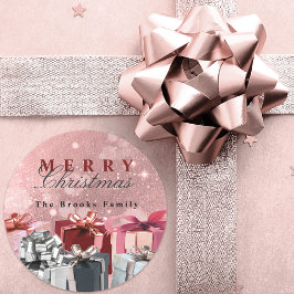 Adesivo Redondo Presentes de Natal Rosa Poeirento com Brilho Glam 