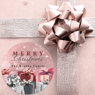 Adesivo Redondo Presentes de Natal Rosa Poeirento com Brilho Glam