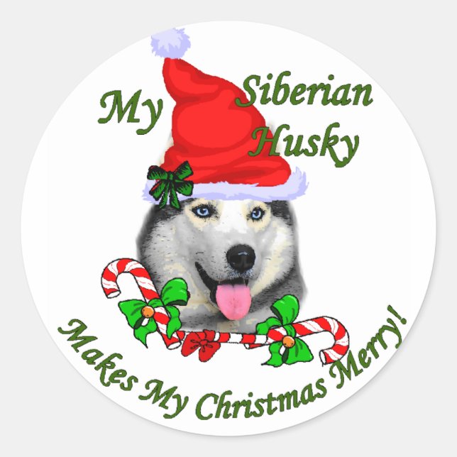 Adesivo Redondo Presentes de Natal Siberianos Husky (Frente)