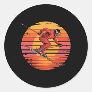 Adesivo Redondo Presentes Esportes Pôr do Sol Vintage Esqui Downhi